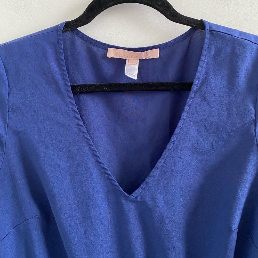 Hutch Blue V-Neck Minimalist Ruffle Hem Mini Dress Size Small - Picture 2 of 9